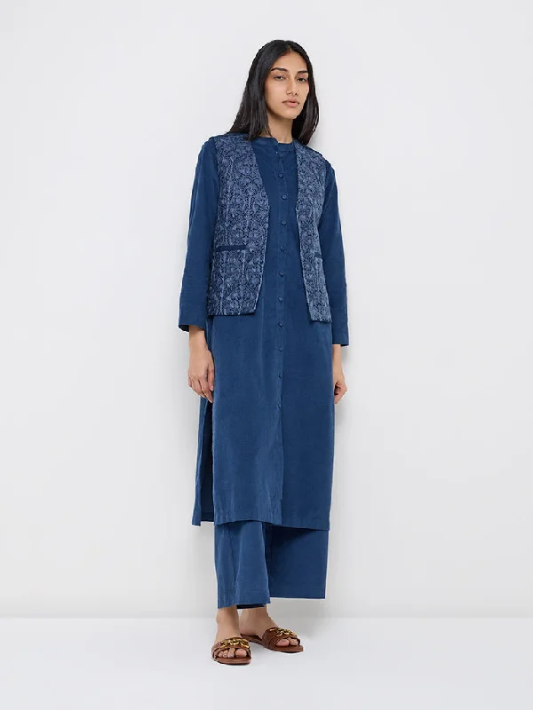 Utsa Indigo Embroidered Cotton Jacket Hoodie Zip-Up Jacket Button-Up Jacket