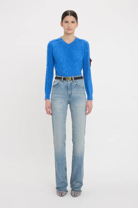 V Neck Knitted Jumper In Regatta Blue Solid Print Embellished