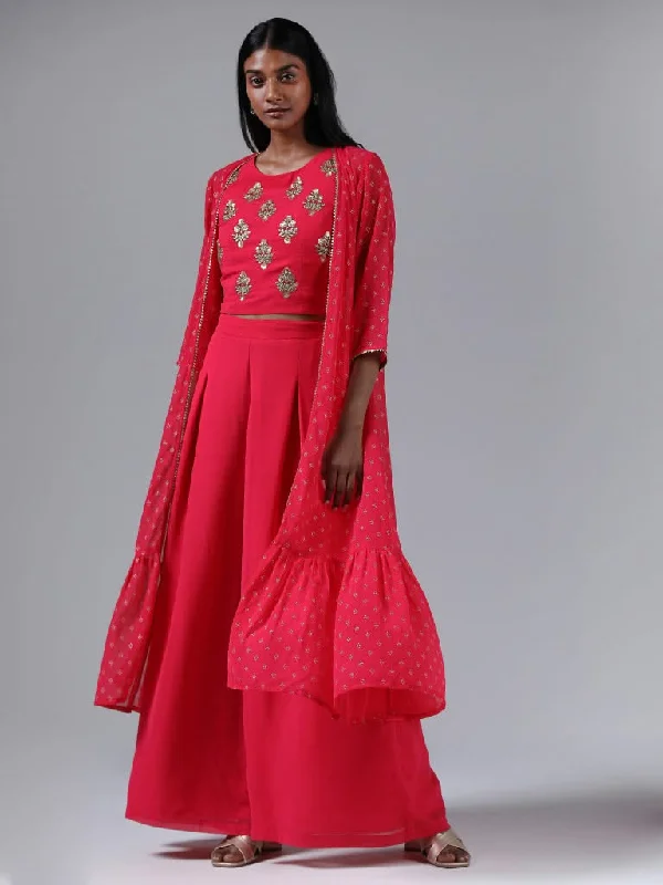 Vark Pink Zardozi Embroidered Crop Top with Jacket & Palazzos Set Anorak Shell Jacket Lightweight Jacket
