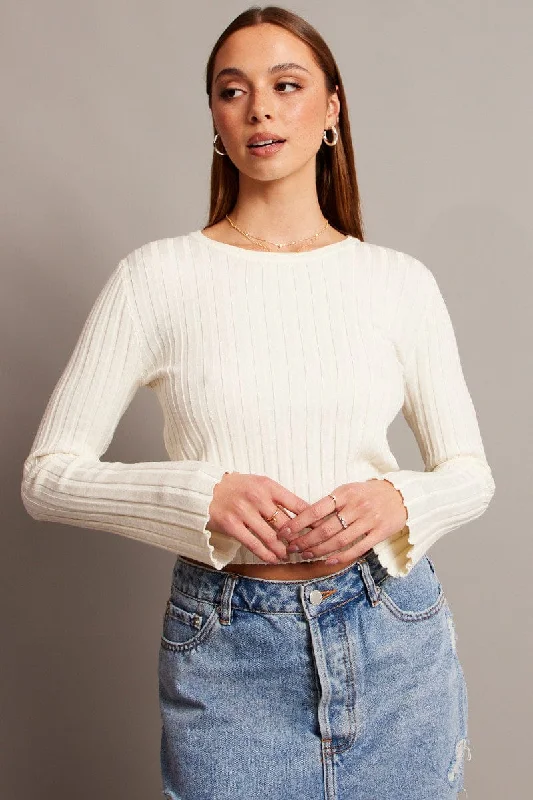 White Crop Jumper Boat Neck Long Sleeve Fleece Fabric Down Fabric Feather Fabric