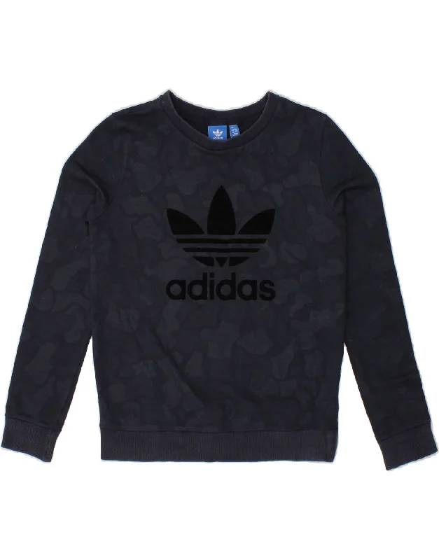 ADIDAS Womens Graphic Sweatshirt Jumper UK 6 XS Navy Blue Camouflage Hoodie with Emblem Brand Identity ADIDAS Womens Graphic Sweatshirt Jumper UK 6 XS Navy Blue Camouflage Hoodie with Emblem Brand Identity