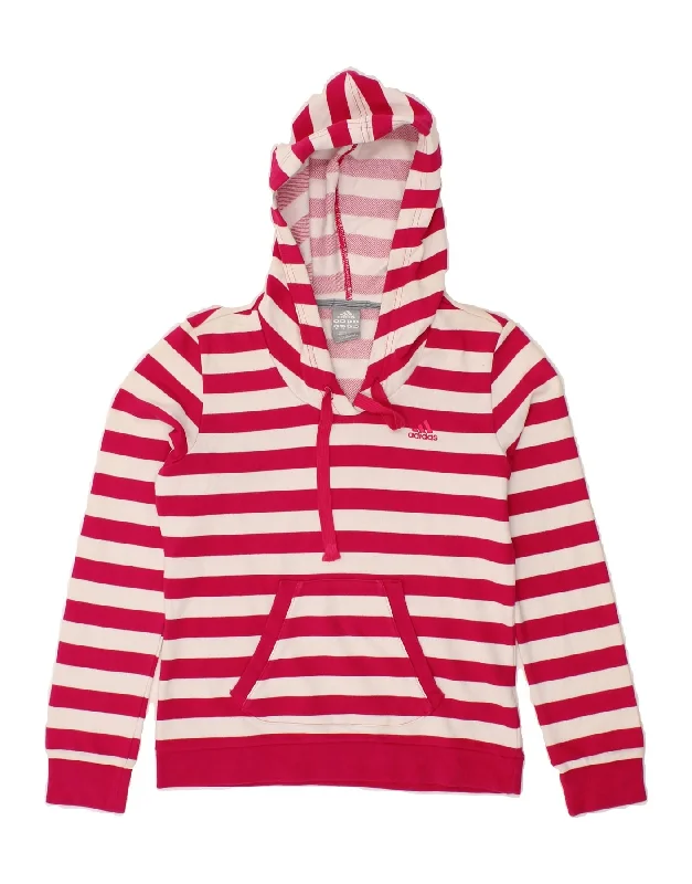 ADIDAS Womens Hoodie Jumper UK 12 Medium Pink Striped Cotton Hoodie with Illustration Artistic Creative ADIDAS Womens Hoodie Jumper UK 12 Medium Pink Striped Cotton Hoodie with Illustration Artistic Creative