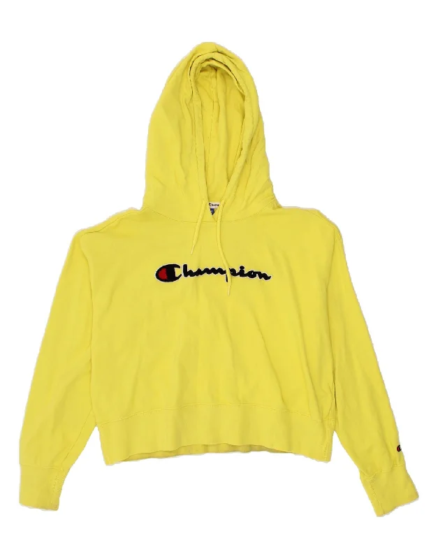CHAMPION Womens Crop Graphic Hoodie Jumper UK 18 XL Yellow Cotton Hoodie with Strings Custom Fit Adjustable CHAMPION Womens Crop Graphic Hoodie Jumper UK 18 XL Yellow Cotton Hoodie with Strings Custom Fit Adjustable