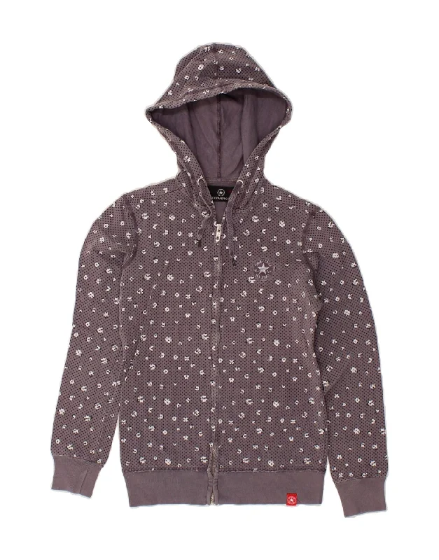 CONVERSE Womens Zip Hoodie Sweater UK 12 Medium Grey Spotted Cotton Hoodie with Typography Text Message CONVERSE Womens Zip Hoodie Sweater UK 12 Medium Grey Spotted Cotton Hoodie with Typography Text Message