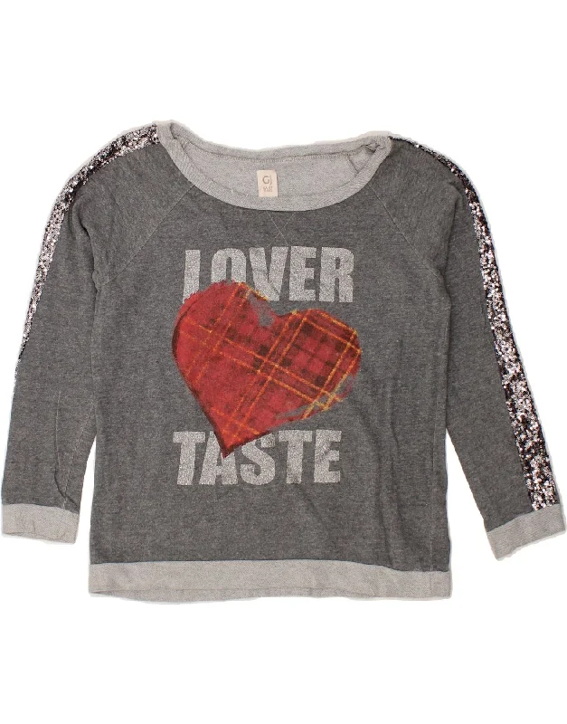 GAUDI Womens Graphic Sweatshirt Jumper UK 16 Large Grey Cotton Hoodie with Stripes Bold Sporty