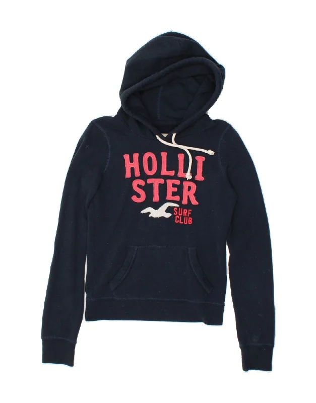HOLLISTER Womens Graphic Hoodie Jumper UK 10 Small Navy Blue Cotton Hooded Sweatshirt Casual Wear Street Style HOLLISTER Womens Graphic Hoodie Jumper UK 10 Small Navy Blue Cotton Hooded Sweatshirt Casual Wear Street Style