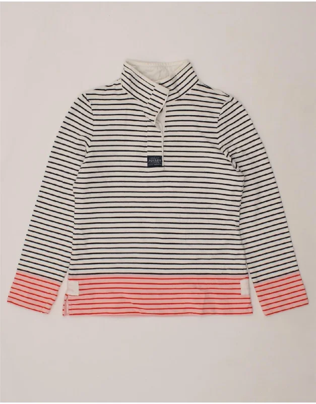JOULES Womens Button Neck Sweatshirt Jumper UK 12 Medium White Striped Hoodie with Longline Fit Extended Stylish JOULES Womens Button Neck Sweatshirt Jumper UK 12 Medium White Striped Hoodie with Longline Fit Extended Stylish