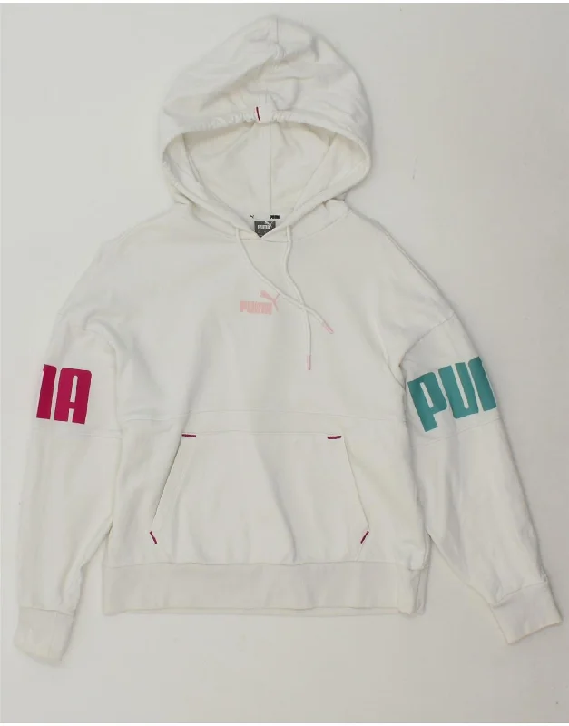 PUMA Womens Graphic Hoodie Jumper UK 10 Small White Cotton Hoodie with Hem Frayed Vintage Worn PUMA Womens Graphic Hoodie Jumper UK 10 Small White Cotton Hoodie with Hem Frayed Vintage Worn