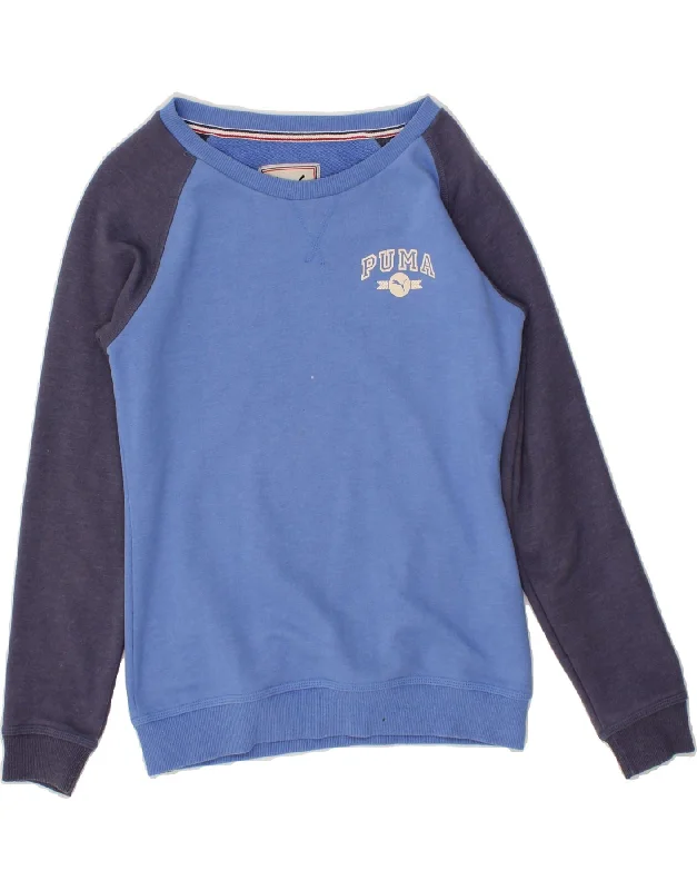 PUMA Womens Sweatshirt Jumper UK 10 Small Blue Colourblock Cotton Hoodie with Zipper Placket Modern Functional PUMA Womens Sweatshirt Jumper UK 10 Small Blue Colourblock Cotton Hoodie with Zipper Placket Modern Functional