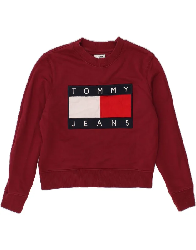 TOMMY HILFIGER Womens Crop Graphic Sweatshirt Jumper UK 14 Medium Red Hoodie with Distressed Vintage Worn TOMMY HILFIGER Womens Crop Graphic Sweatshirt Jumper UK 14 Medium Red Hoodie with Distressed Vintage Worn