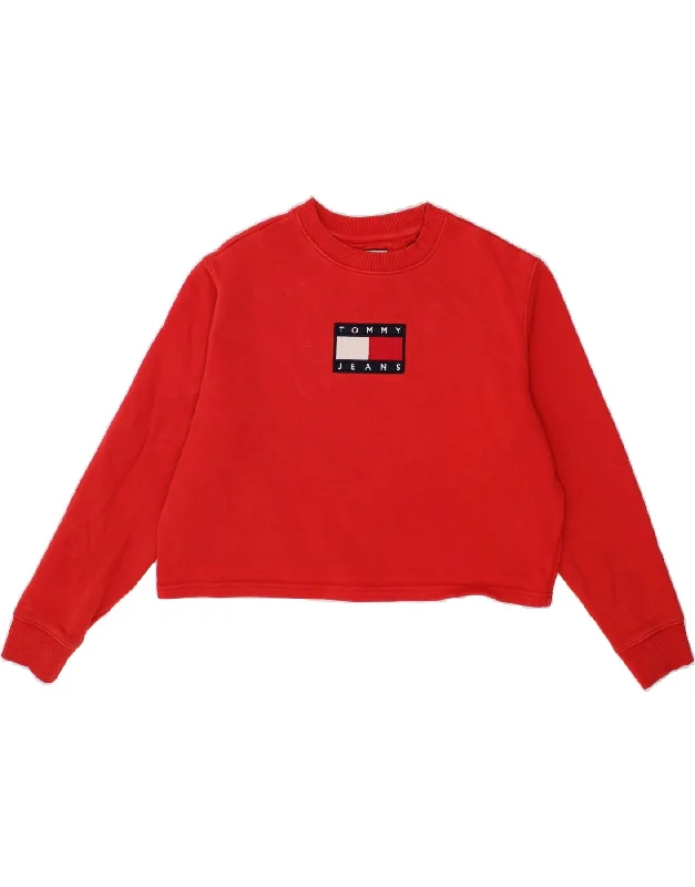TOMMY HILFIGER Womens Crop Graphic Sweatshirt Jumper UK 14 Medium Red Hoodie with Patch Decorative Personalized TOMMY HILFIGER Womens Crop Graphic Sweatshirt Jumper UK 14 Medium Red Hoodie with Patch Decorative Personalized