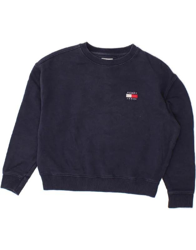 TOMMY HILFIGER Womens Oversized Sweatshirt Jumper UK 2 2XS Navy Blue Hoodie with Side Slits Relaxed Casual