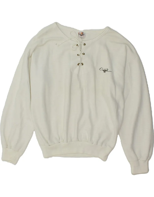 VINTAGE Womens Sweatshirt Jumper UK 14 Medium White Cotton Hoodie with Hem Raw Edge Edgy Unfinished VINTAGE Womens Sweatshirt Jumper UK 14 Medium White Cotton Hoodie with Hem Raw Edge Edgy Unfinished