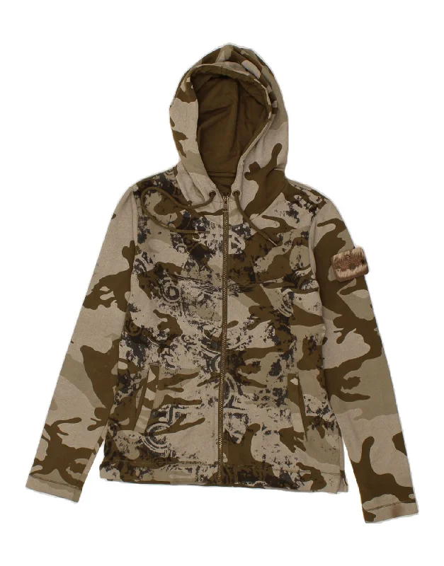 AERONAUTICA MILITARE Womens Zip Hoodie Sweater UK 12 Medium Khaki Hoodie with Slit Hem Functional Movement AERONAUTICA MILITARE Womens Zip Hoodie Sweater UK 12 Medium Khaki Hoodie with Slit Hem Functional Movement
