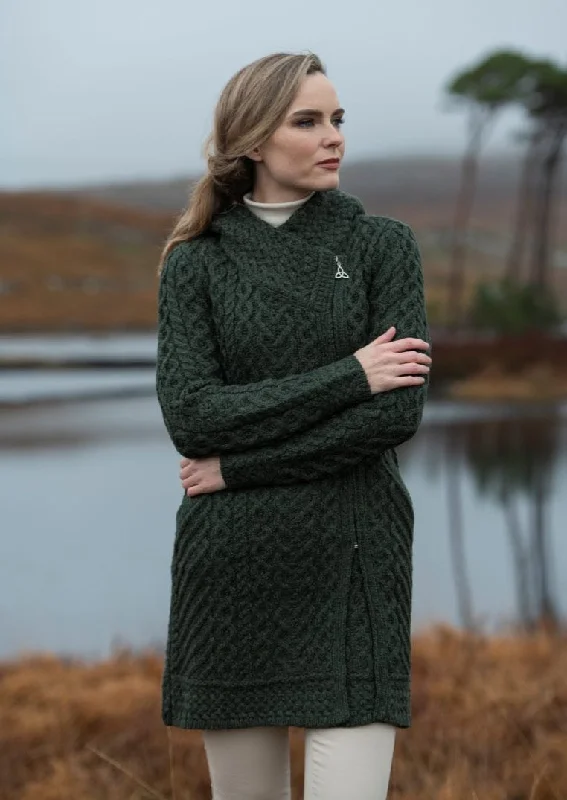 Aran Crafts Heart Design Hooded Coat | Green Hoodie with Hem Drawcord Adjustable Customizable Aran Crafts Heart Design Hooded Coat | Green Hoodie with Hem Drawcord Adjustable Customizable