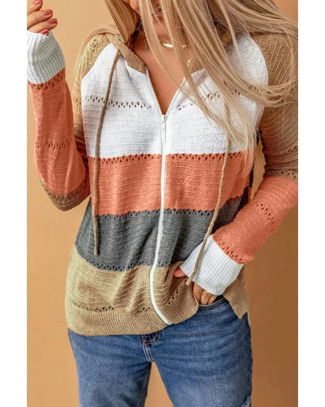 Azura Exchange Zipped Front Color Block Hollow-out Knit Hoodie - L Hoodie with Zipper Versatile Modern Azura Exchange Zipped Front Color Block Hollow-out Knit Hoodie - L Hoodie with Zipper Versatile Modern
