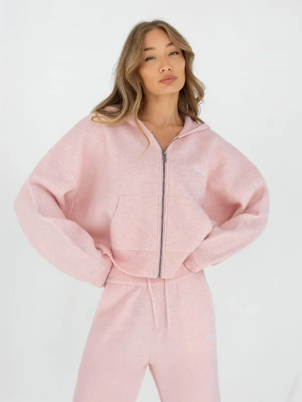 Knitted Full Zip Hoodie - Marshmallow Pink Hoodie with Illustration Artistic Creative Knitted Full Zip Hoodie - Marshmallow Pink Hoodie with Illustration Artistic Creative