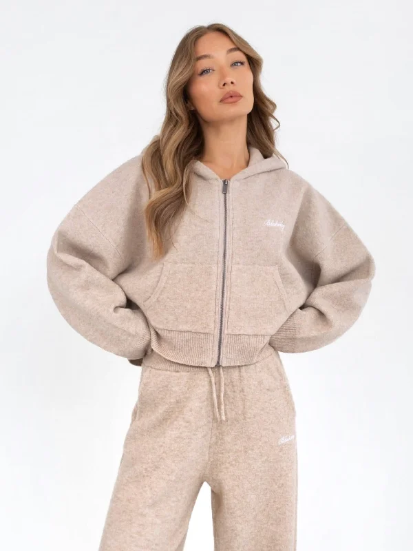 Knitted Full Zip Hoodie - Toasted Taupe Hoodie with Button Classic Timeless