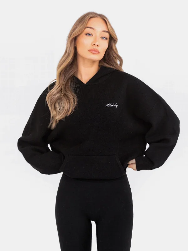 Oversized Knitted Hoodie - Black Hoodie with Double Zipper Versatile Adjustable