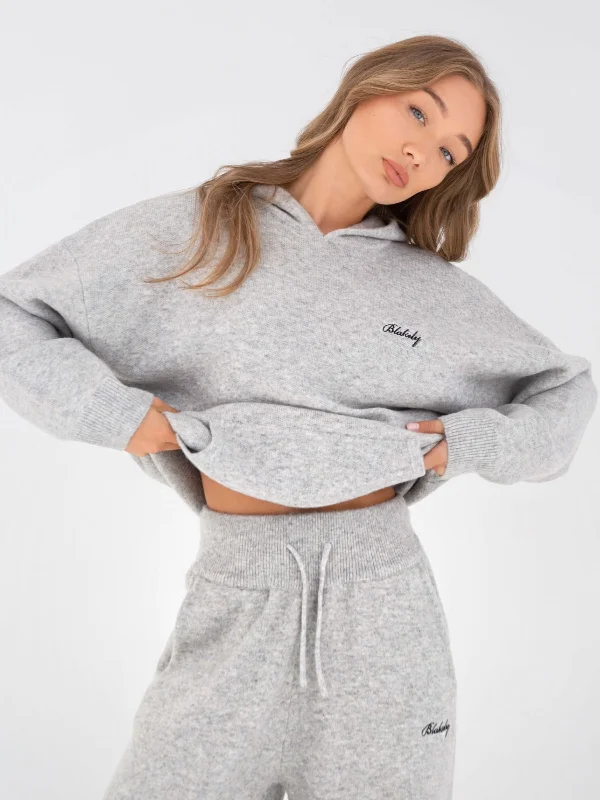 Oversized Knitted Hoodie - Marl Grey Hoodie with Velcro Closure Adjustable Secure
