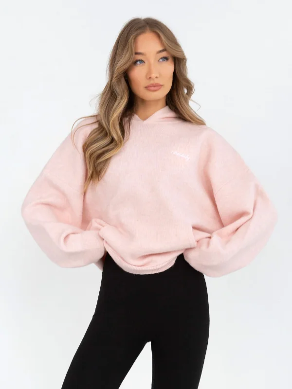 Oversized Knitted Hoodie - Marshmallow Pink Hoodie with Hem Patch Decorative Personalized Oversized Knitted Hoodie - Marshmallow Pink Hoodie with Hem Patch Decorative Personalized
