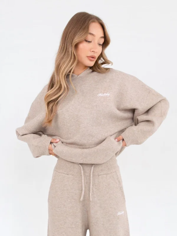 Oversized Knitted Hoodie - Toasted Taupe Hoodie with Hem Detail Decorative Unique