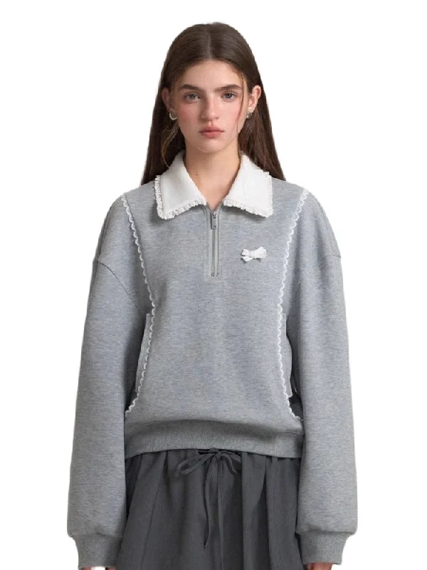 Contrast Collar Lace Trim Sweatshirt Hoodie with Distressed Vintage Worn
