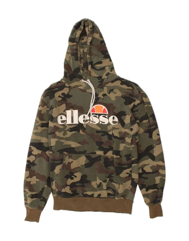 ELLESSE Womens Graphic Hoodie Jumper UK 10 Small Green Camouflage Hoodie with Full-Zip Functional Layering
