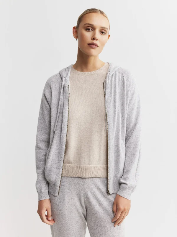 Essential Cashmere Zip Hoodie - Grey Melange Hoodie with Crew Neck Simple Timeless