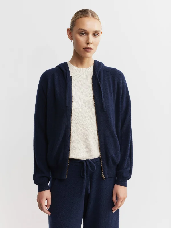 Essential Cashmere Zip Hoodie - Dark Navy Hoodie Dress Longline Feminine