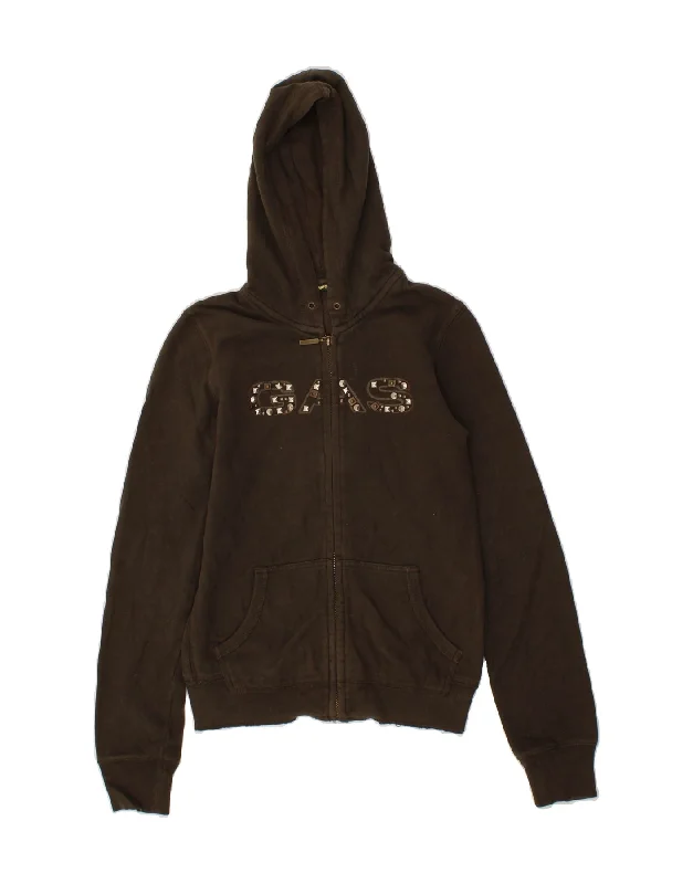 GAS Womens Graphic Zip Hoodie Sweater UK 10 Small Khaki Cotton Hoodie with Hem Embroidery Detailed Premium GAS Womens Graphic Zip Hoodie Sweater UK 10 Small Khaki Cotton Hoodie with Hem Embroidery Detailed Premium