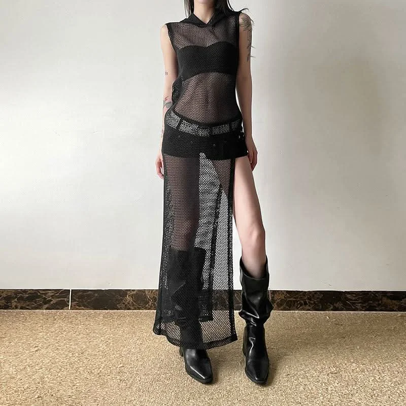Hoodie sleeveless fishnet slit top Hoodie with Neon Bright Vibrant