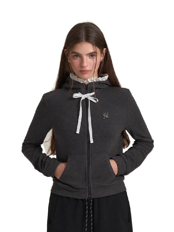 Lace Trim Tie Double Zipper Hoodie Hoodie with Logo Branding Identity