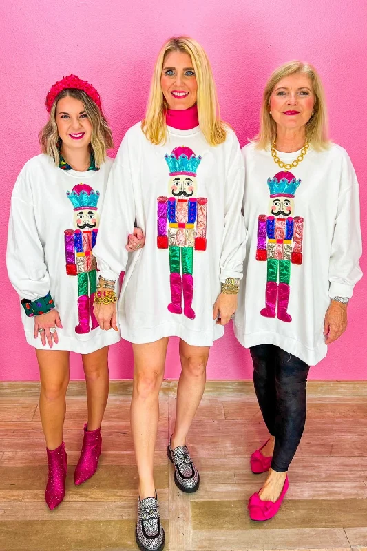 Multi Nutcracker Sweatshirt Dress - White Hoodie with Pattern Geometric Abstract
