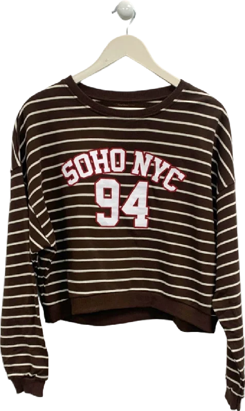River Island Brown Soho NYC 94 Striped Sweatshirt UK M Hoodie with Puffed Sleeves Voluminous Trendy River Island Brown Soho NYC 94 Striped Sweatshirt UK M Hoodie with Puffed Sleeves Voluminous Trendy