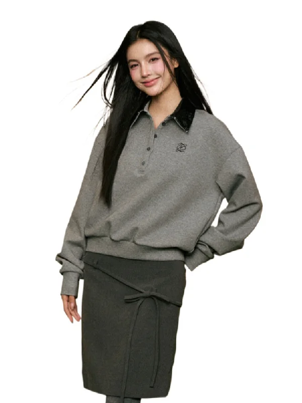 Sequin Collar Polo Sweatshirt Hoodie with Hidden Zipper Minimalist Clean