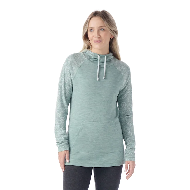 Women's Thermal Merino Drape Neck Hoodie - Arctic Green Digi Snow Hoodie with Pastel Soft Subtle