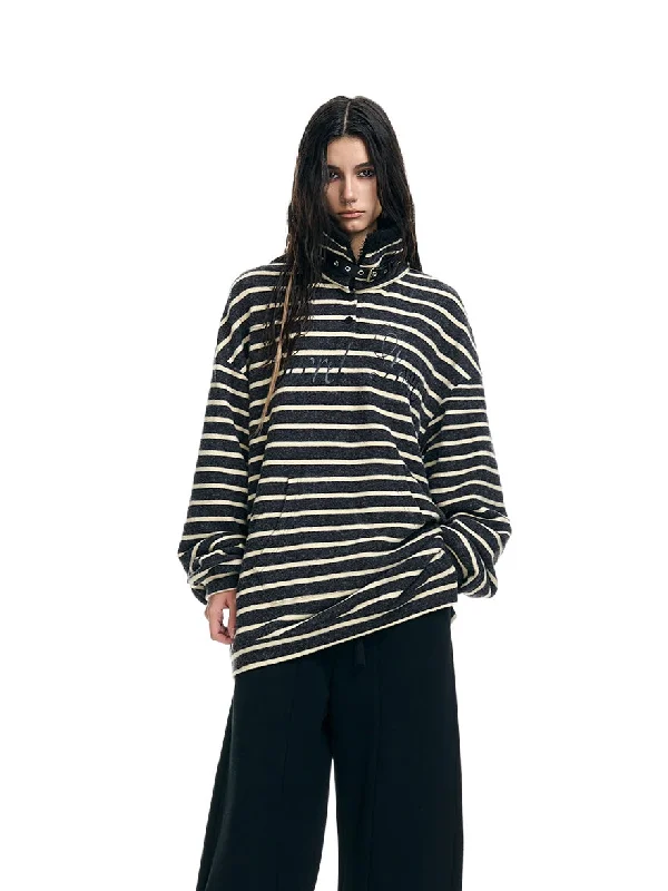 Striped Stand-Collar Fleece-Lined Loose Sweatshirt Hoodie with Hem Embroidery Detailed Premium Striped Stand-Collar Fleece-Lined Loose Sweatshirt Hoodie with Hem Embroidery Detailed Premium