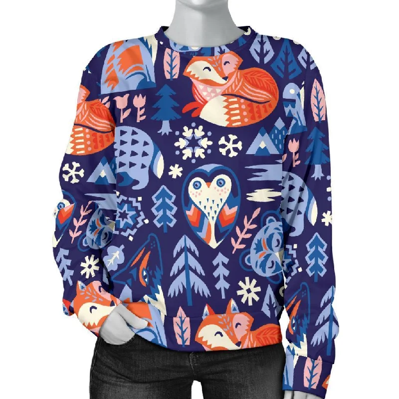 Swedish Animal Pattern Print Women's Sweatshirt Hoodie with Hidden Zipper Minimalist Clean