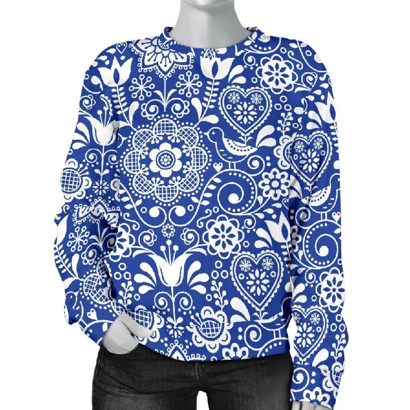 Swedish Floral Pattern Print Women's Sweatshirt Hoodie with Half-Zip Sporty Casual