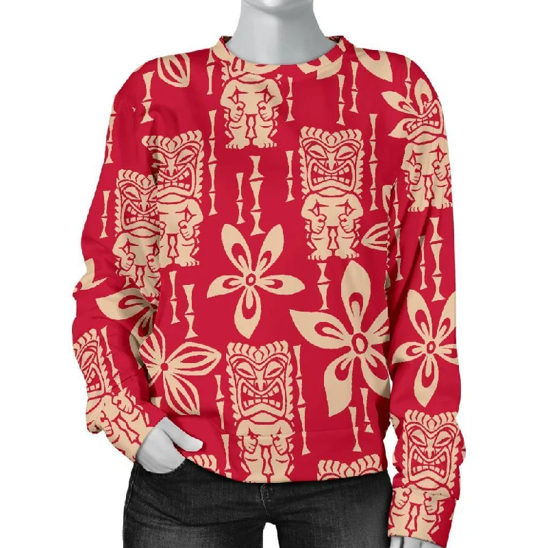 Tiki Hawaiian Pattern Print Women's Sweatshirt Hoodie with Frayed Bohemian Relaxed