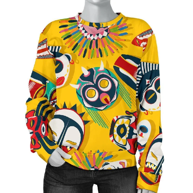 Totem Mask Pattern Print Women's Sweatshirt Hoodie with Side Slits Relaxed Casual