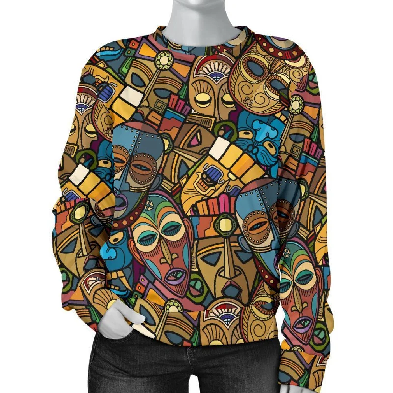 Totem Print Pattern Women's Sweatshirt Hoodie with Hem Contrast Bold Stylish