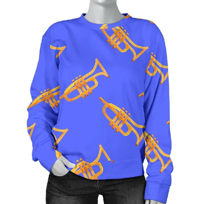 Trumpet Blue Pattern Print Women's Sweatshirt Hoodie with Side Slits Relaxed Casual