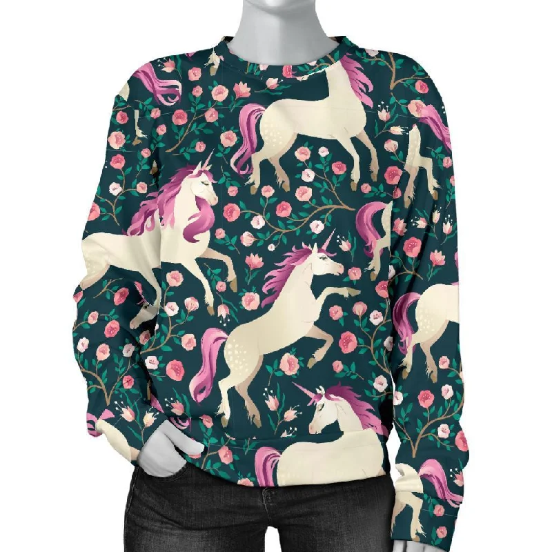 Unicorn Floral Pattern Print Women's Sweatshirt Hoodie with Rhinestones Sparkly Elegant