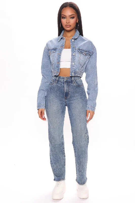 90's Vibe High Rise Tapered Jeans - Medium Blue Wash Comfortable Distressed Straight-Leg Jeans