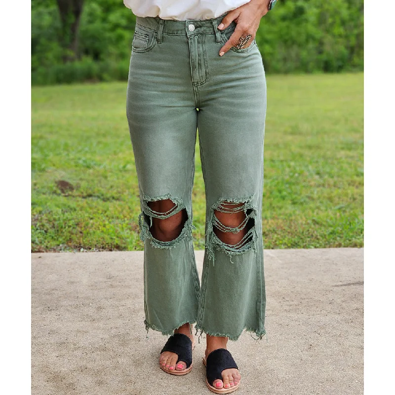 Army Green 90's Distressed Crop Jeans Stylish Plus Size Denim Jeans