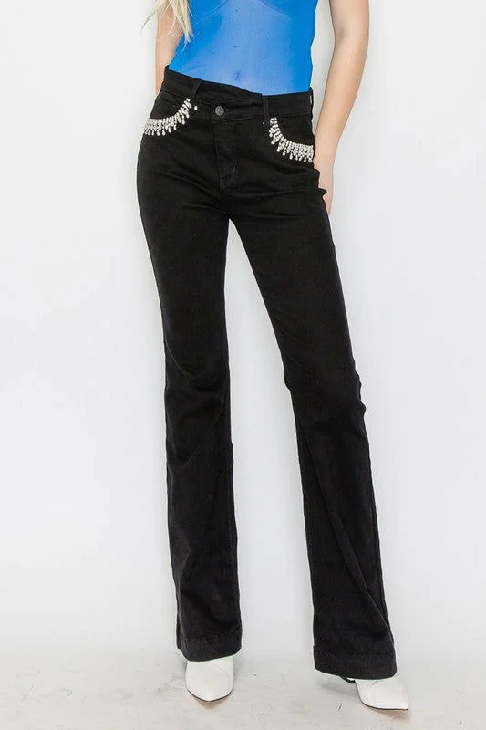Artemis Vintage Embellished High Rise Cross Over Flare Jeans Trendy Button-Up High-Waist Jeans
