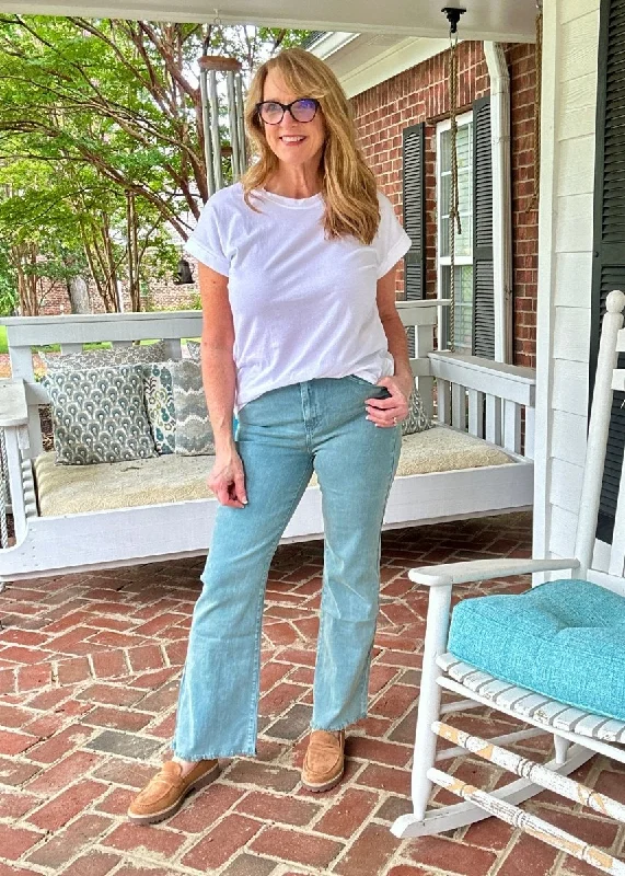 Athens Acid Wash Straight Wide Pants - Teal Fashionable Button-Up Pants