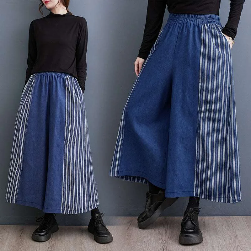 Patchwork Striped Denim Wide Leg Pants Modern Stretch Trousers